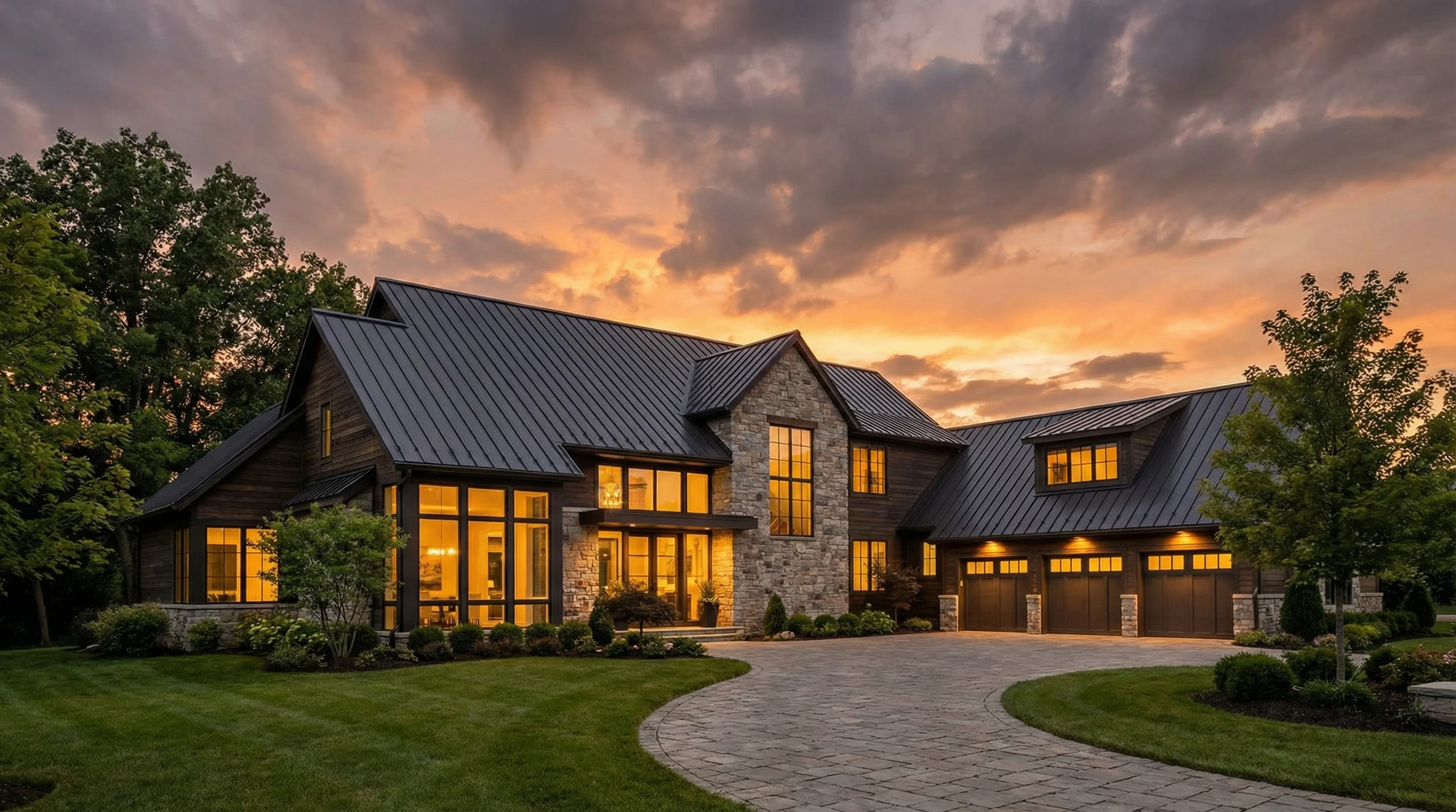 Stunning upscale home exterior with premium roof, stone facade, and large windows at golden hour